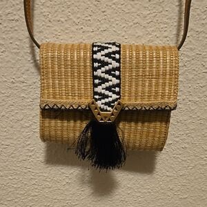 Woven Tan Crossbody Bag with Black Accent Sidekick